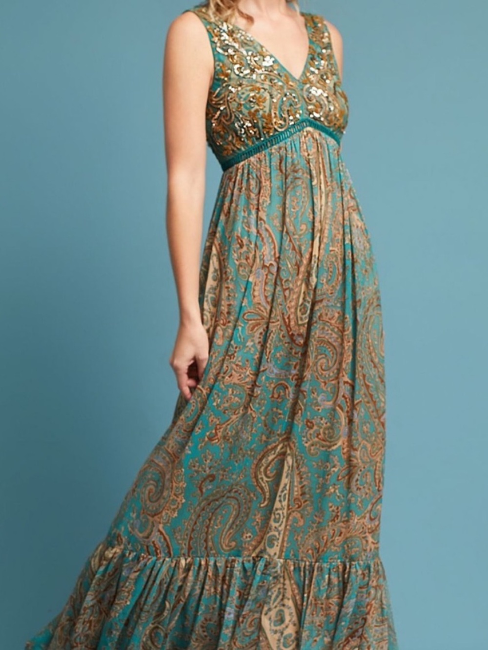 Ranna Gill Anthropologie Turquoise Beaded Paisley Embellished Maxi Dress